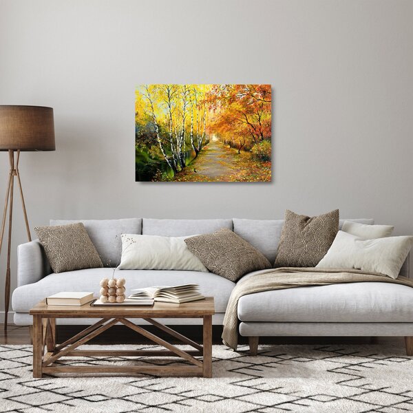 Skleněný obraz - Romantická alej podél vody, olejomalba (70x50 cm)