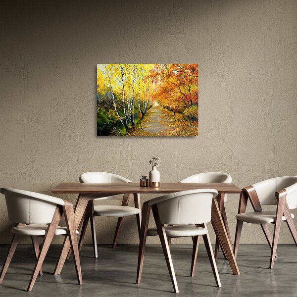 Skleněný obraz - Romantická alej podél vody, olejomalba (70x50 cm)