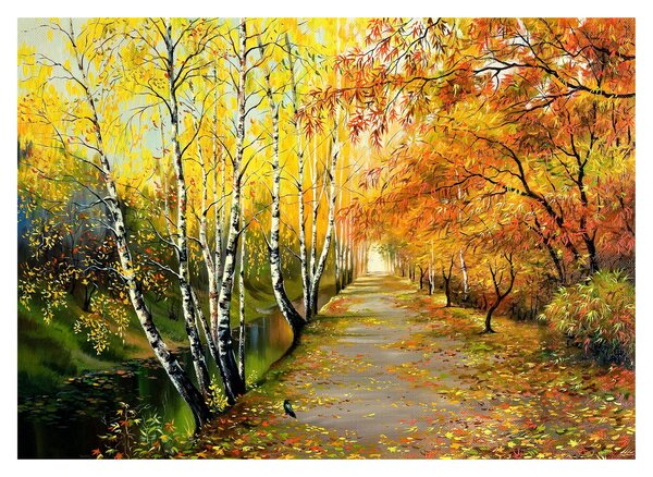Skleněný obraz - Romantická alej podél vody, olejomalba (70x50 cm)