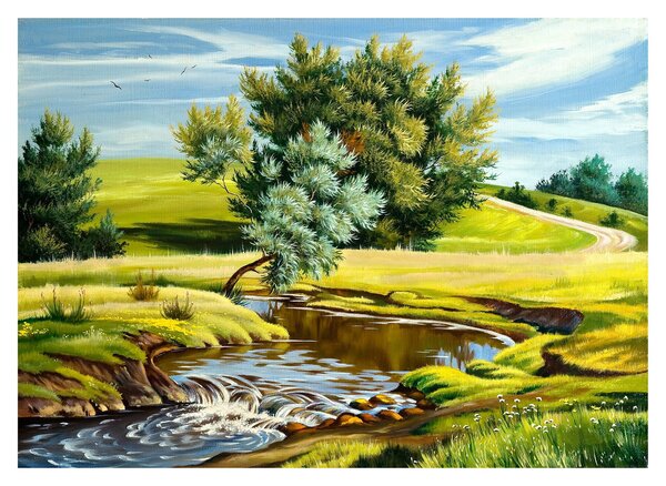 Skleněný obraz - Řeka mezi loukami, olejomalba (70x50 cm)
