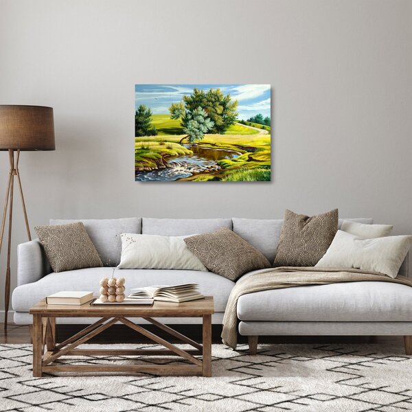 Skleněný obraz - Řeka mezi loukami, olejomalba (70x50 cm)