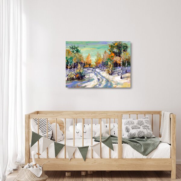 Skleněný obraz - Zasněžená cesta lesem, olejomalba (70x50 cm)