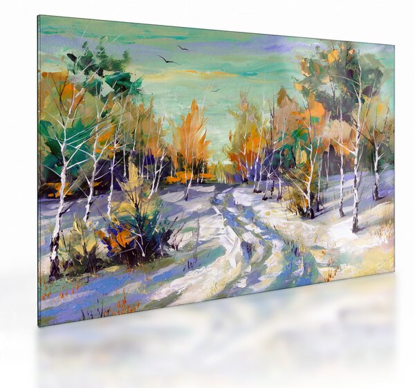 Skleněný obraz - Zasněžená cesta lesem, olejomalba (70x50 cm)