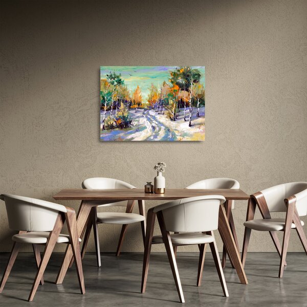 Skleněný obraz - Zasněžená cesta lesem, olejomalba (70x50 cm)