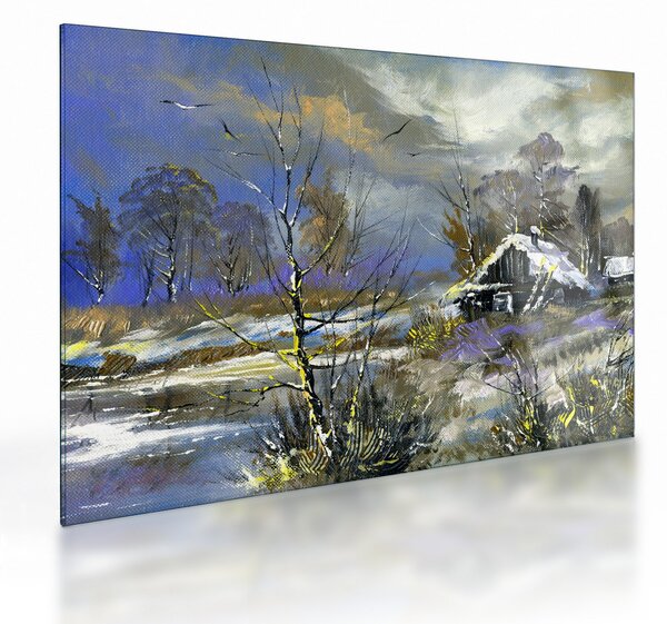 Skleněný obraz chaloupky v zimní krajině, olejomalba (70x50 cm)