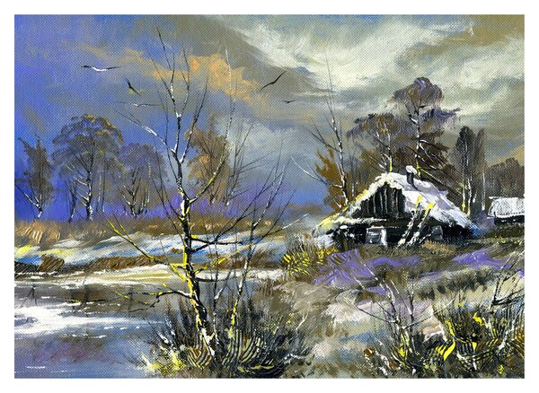 Skleněný obraz chaloupky v zimní krajině, olejomalba (70x50 cm)