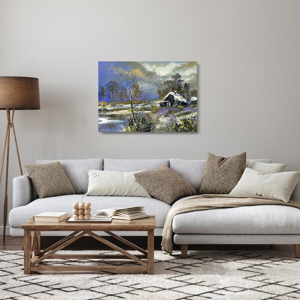 Skleněný obraz chaloupky v zimní krajině, olejomalba (70x50 cm)