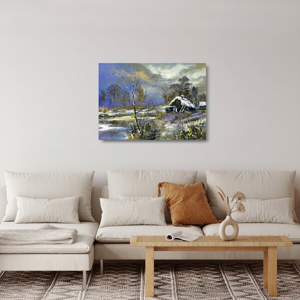 Skleněný obraz chaloupky v zimní krajině, olejomalba (70x50 cm)
