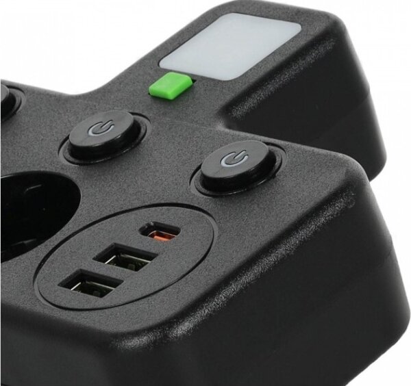 Rozbočovací zásuvka s vyp a LED osvět LINEA 2Z + 3xUSB A/C SCHUKO 4000K černá