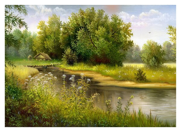 Skleněný obraz - Řeka u lesa, olejomalba (70x50 cm)
