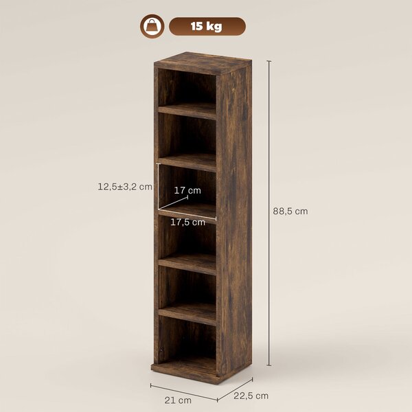 HOMCOM Sada 2 sloupkových polic CD-DVD skříň se 6 + 6 přihrádkami 21 x 22,5 x 88,5 cm maximální kapacita 204 CD rustikální hnědá | Aosom