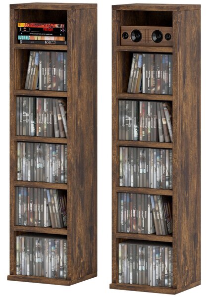 HOMCOM Sada 2 sloupkových polic CD-DVD skříň se 6 + 6 přihrádkami 21 x 22,5 x 88,5 cm maximální kapacita 204 CD rustikální hnědá | Aosom