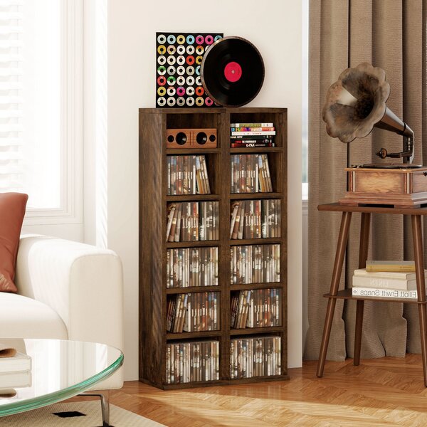 HOMCOM Sada 2 sloupkových polic CD-DVD skříň se 6 + 6 přihrádkami 21 x 22,5 x 88,5 cm maximální kapacita 204 CD rustikální hnědá | Aosom