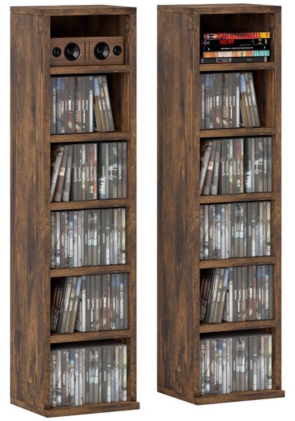 HOMCOM Sada 2 sloupkových polic CD-DVD skříň se 6 + 6 přihrádkami 21 x 22,5 x 88,5 cm maximální kapacita 204 CD rustikální hnědá | Aosom