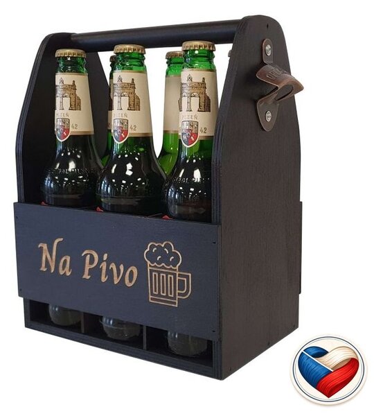 Dřevěný nosič na pivo s otvírákem 23,5×30×15,5 cm