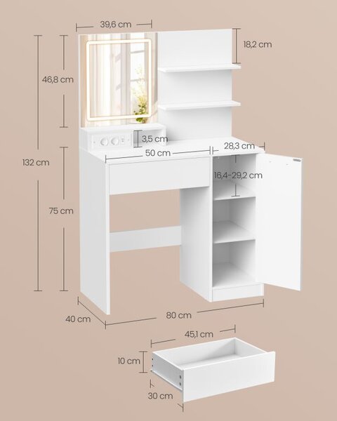 Kosmetický stolek s LED zrcadlem, USB, bílý, 80x40x132,5 cm