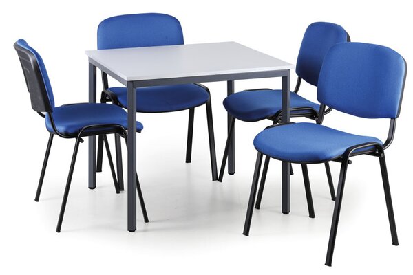 Stůl jídelní, šedý 800x800 + 4 židle Viva modré