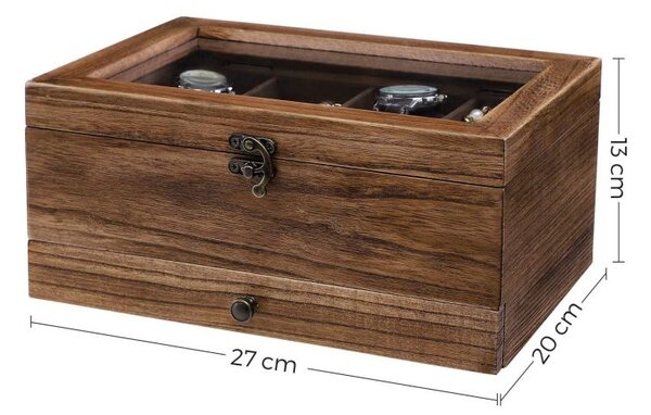 Dřevěný box na hodinky a šperky s proskleným víkem, 2 patra