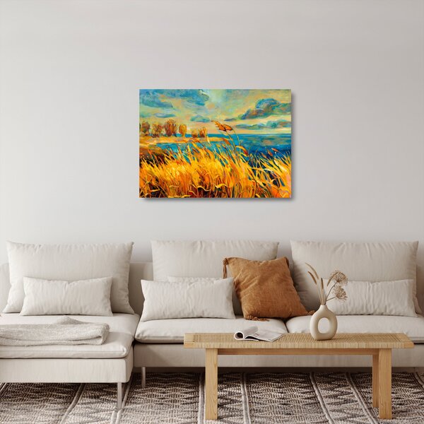Skleněný obraz - Západající slunce nad jezerem, akrylová malba (70x50 cm)