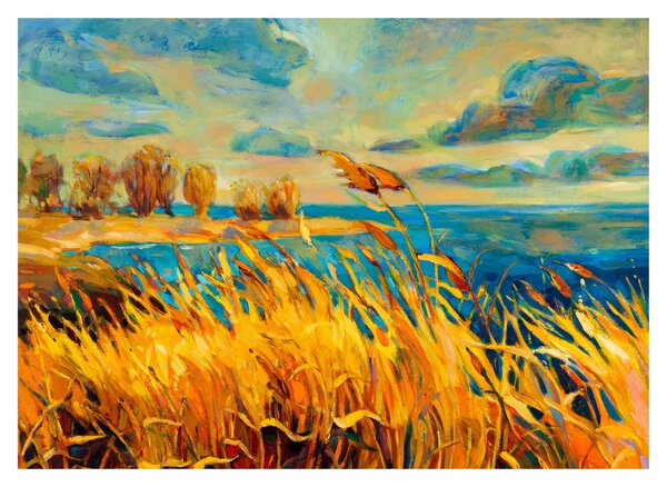 Skleněný obraz - Západající slunce nad jezerem, akrylová malba (70x50 cm)