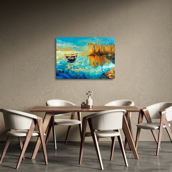 Skleněný obraz - Jezero s loďkami (70x50 cm)