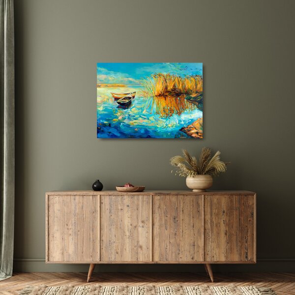 Skleněný obraz - Jezero s loďkami (70x50 cm)