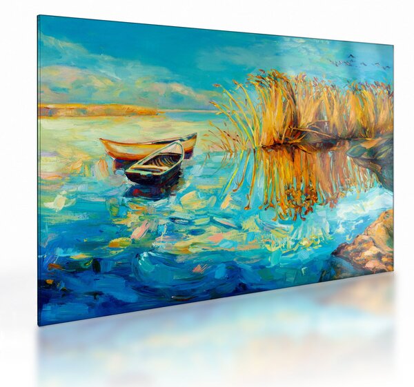 Skleněný obraz - Jezero s loďkami (70x50 cm)