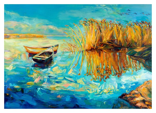 Skleněný obraz - Jezero s loďkami (70x50 cm)