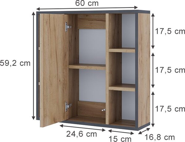 Koupelnová zrcadlová skříňka Vicco Stephan Zlatý mocný dub 60 x 59.2 cm S policemi a zrcadlovými dveřmi, Model 56211