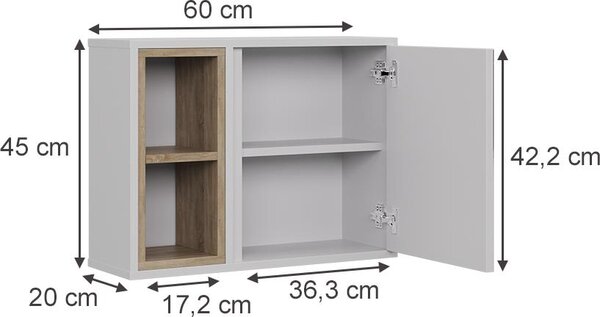 Koupelnová zrcadlová skříňka Vicco Elnor Bílá/dub 60 x 45 cm se 2 otevřenými přihrádkami a 1 dveřmi, Model 56618