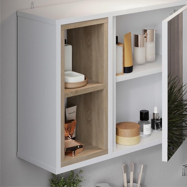Koupelnová zrcadlová skříňka Vicco Elnor Bílá/dub 60 x 45 cm se 2 otevřenými přihrádkami a 1 dveřmi, Model 56618
