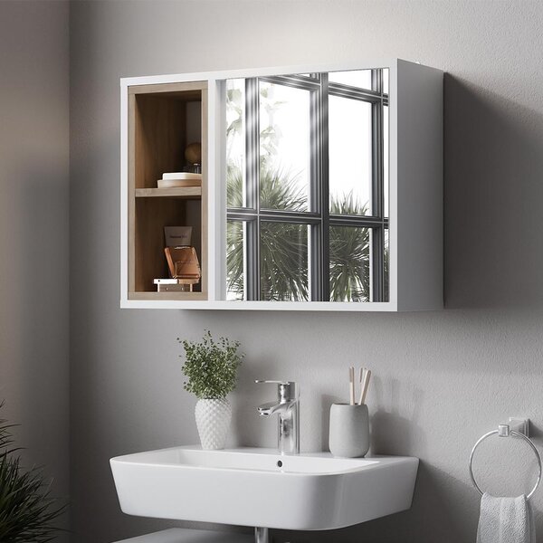 Koupelnová zrcadlová skříňka Vicco Elnor Bílá/dub 60 x 45 cm se 2 otevřenými přihrádkami a 1 dveřmi, Model 56618