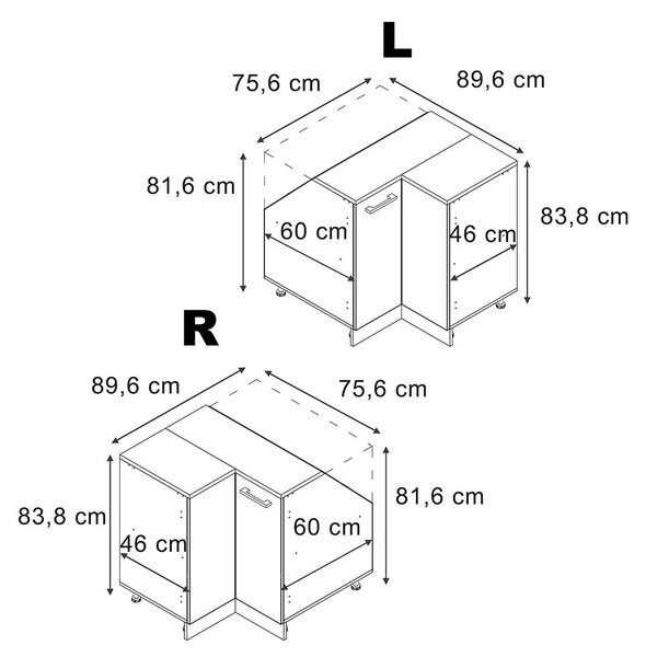 Rohová kuchyňská skříňka pod šikmou střechu Vicco R-Line Černý beton 75.6 cm s 1 dveřmi, korpus skříně hloubka 60 cm, Model 59972