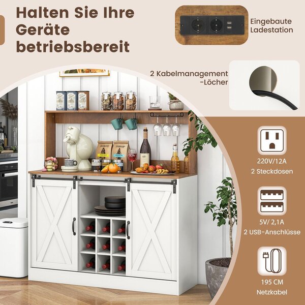 Skříňka na kávu s nabíjecí stanicí ve venkovském stylu COSTWAY, 120 cm dlouhá vinotéka s posuvnými dveřmi, příborník, odnímatelný stojan na víno