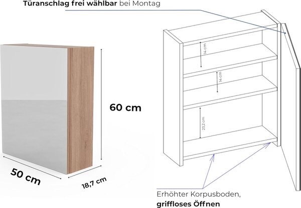 HAJDUK FURNITURE Koupelnová zrcadlová skříňka 50x60 cm dub sonoma bez úchytek s policí