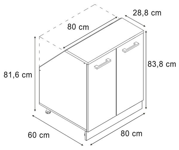 Kuchyňská skříňka pod šikmou střechu Vicco R-Line Černý beton 80 cm se 2 dveřmi, korpus skříně hloubka 60 cm, Model 60393