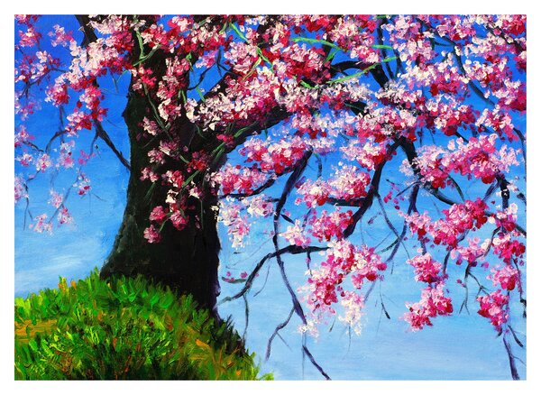 Skleněný obraz malované rozkvetlé třešně (70x50 cm)
