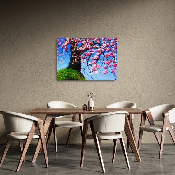 Skleněný obraz malované rozkvetlé třešně (70x50 cm)