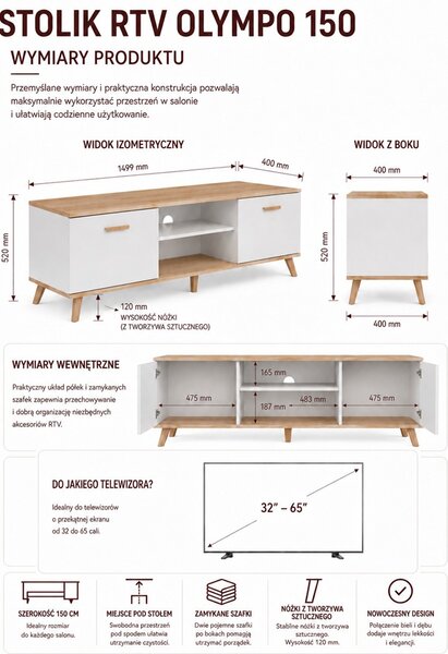 TP Living TV stolek Olympo 150 cm bílý/dub Artisan