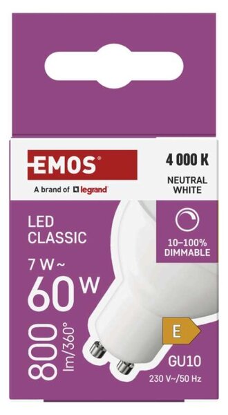 EMOS LED žárovka Classic MR16 / GU10 / 7W (60 W) / 800 lm / neutrální bílá / stmívatelná