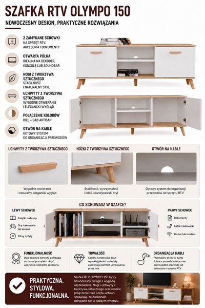 TP Living TV stolek Olympo 150 cm bílý/dub Artisan