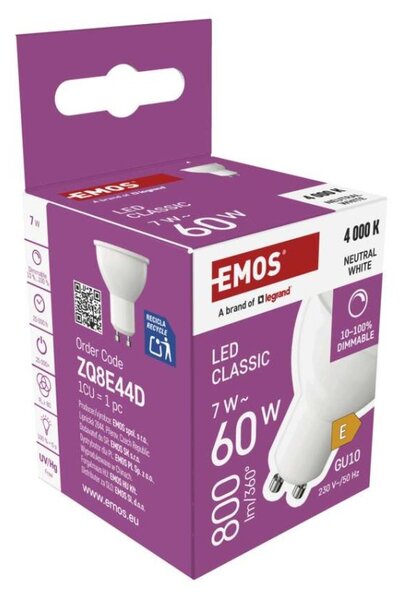 EMOS LED žárovka Classic MR16 / GU10 / 7W (60 W) / 800 lm / neutrální bílá / stmívatelná