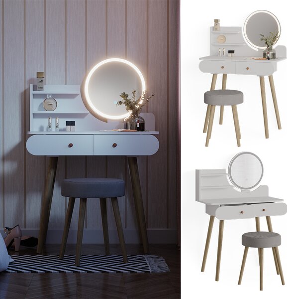 Toaletní stolek Vicco Edda Bílá 80 cm s LED osvětlením a taburetem, Model 39608