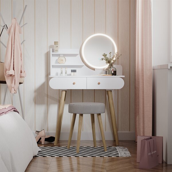 Toaletní stolek Vicco Edda Bílá 80 cm s LED osvětlením a taburetem, Model 39608