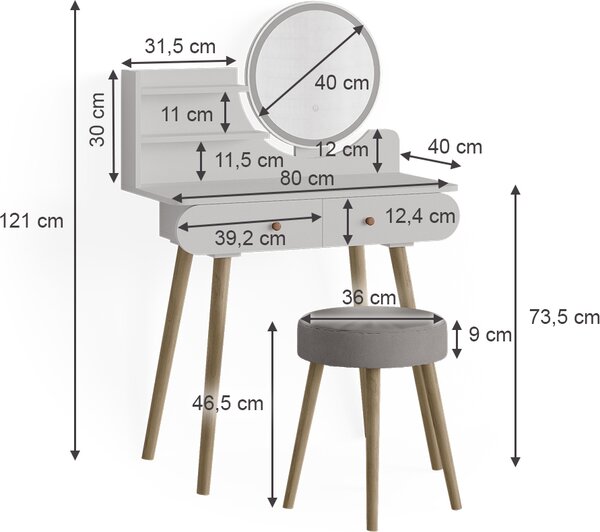 Toaletní stolek Vicco Edda Bílá 80 cm s LED osvětlením a taburetem, Model 39608