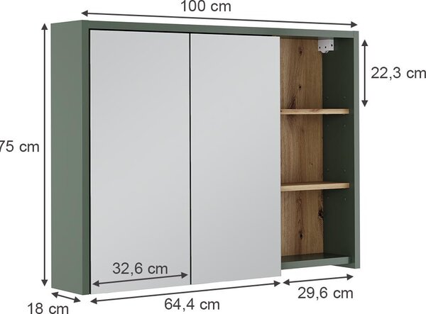 Skříňka se zrcadlem do koupelny Vicco Viola Zelená/umělecká 100 x 75 cm s otevřenými policemi, Model 55154