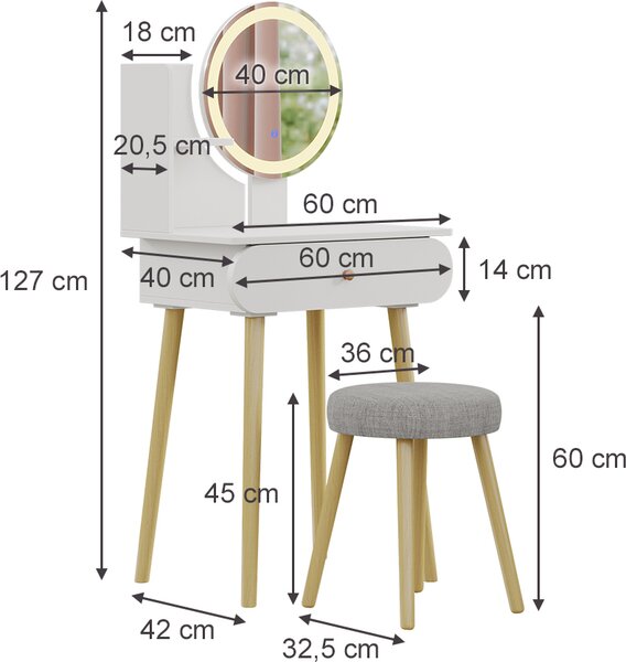 Toaletní stolek Vicco Edda Bílá 60 cm se zrcadlem LED a stoličkou, Model 41315