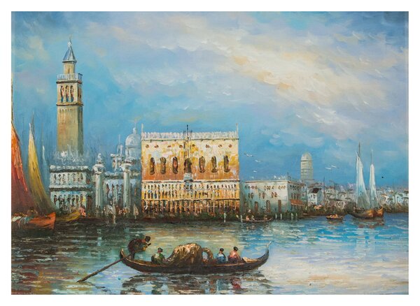 Skleněný obraz - Gondola projíždějící Benátkami, olejomalba (70x50 cm)