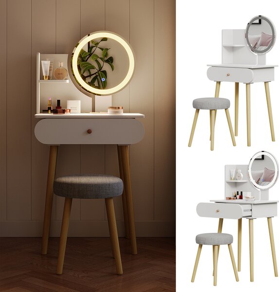 Toaletní stolek Vicco Edda Bílá 60 cm se zrcadlem LED a stoličkou, Model 41315