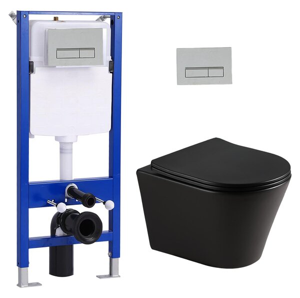 Balení sada předstěnových WC prvků + závěsné WC bez okrajů matně černé + 114 cm skryté splachovací nádržky s obdélníkovou chromovanou tlakovou deskou HOROW